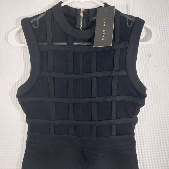 NWT! LAC BLEU! BLACK STRETCH 1 PC ROMPER, SHEER MESH BLOCKED BODICE! SZ S - Picture 3 of 11